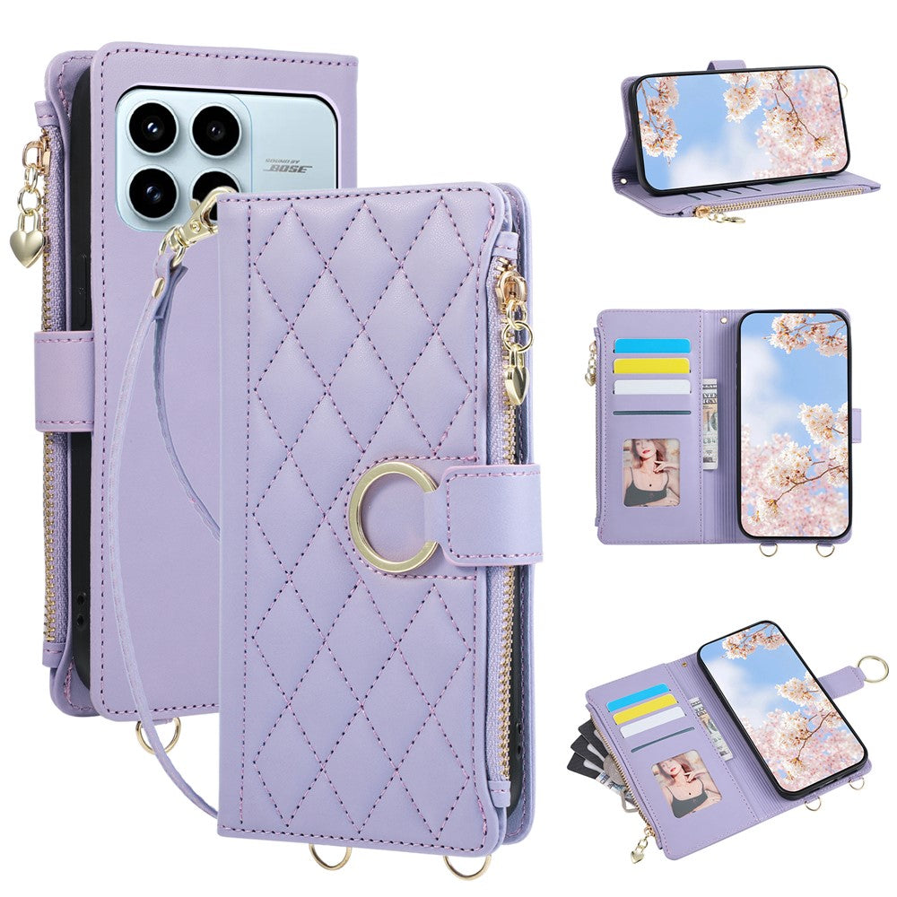 For Xiaomi Redmi K90 5G / Poco F8 Pro 5G Case Magnetic Ring Buckle Zipper Pocket Rhombic Leather Phone Cover with Wrist Strap