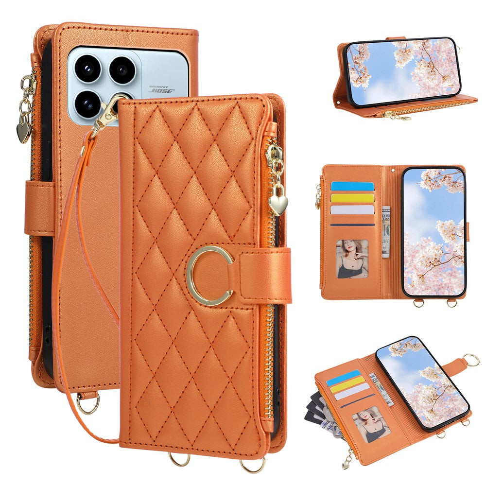 For Xiaomi Redmi K90 5G / Poco F8 Pro 5G Case Magnetic Ring Buckle Zipper Pocket Rhombic Leather Phone Cover with Wrist Strap