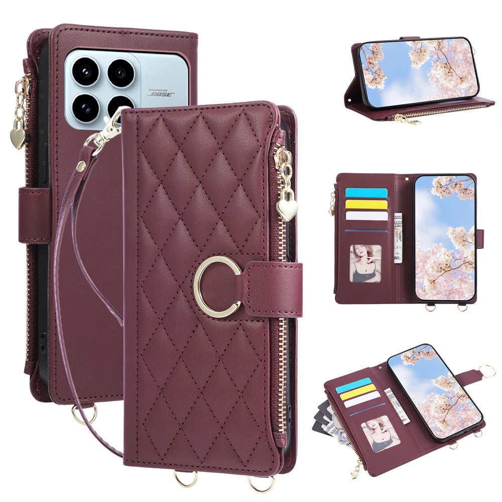For Xiaomi Redmi K90 5G / Poco F8 Pro 5G Case Magnetic Ring Buckle Zipper Pocket Rhombic Leather Phone Cover with Wrist Strap