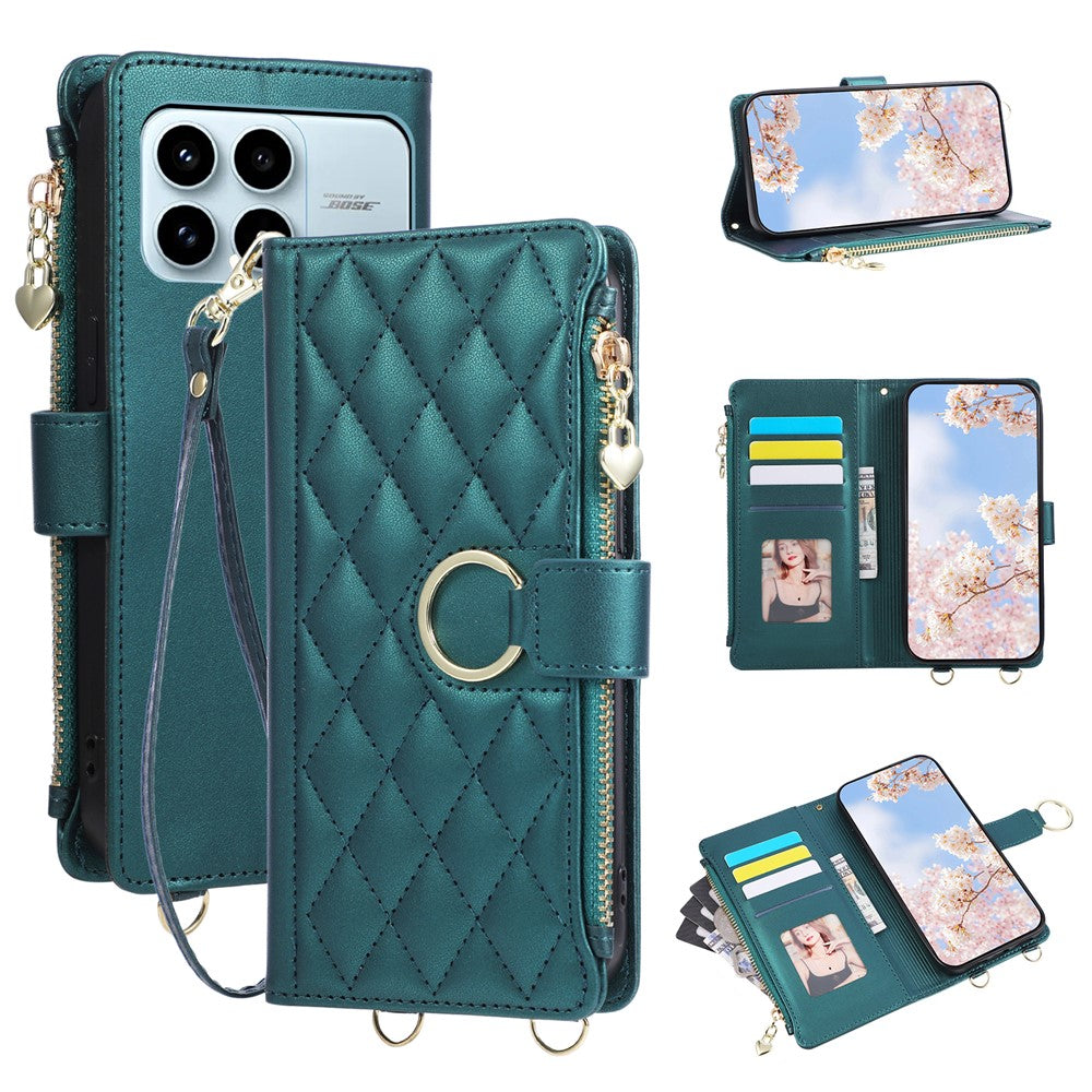 For Xiaomi Redmi K90 5G / Poco F8 Pro 5G Case Magnetic Ring Buckle Zipper Pocket Rhombic Leather Phone Cover with Wrist Strap