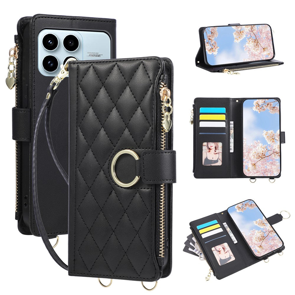 For Xiaomi Redmi K90 5G / Poco F8 Pro 5G Case Magnetic Ring Buckle Zipper Pocket Rhombic Leather Phone Cover with Wrist Strap