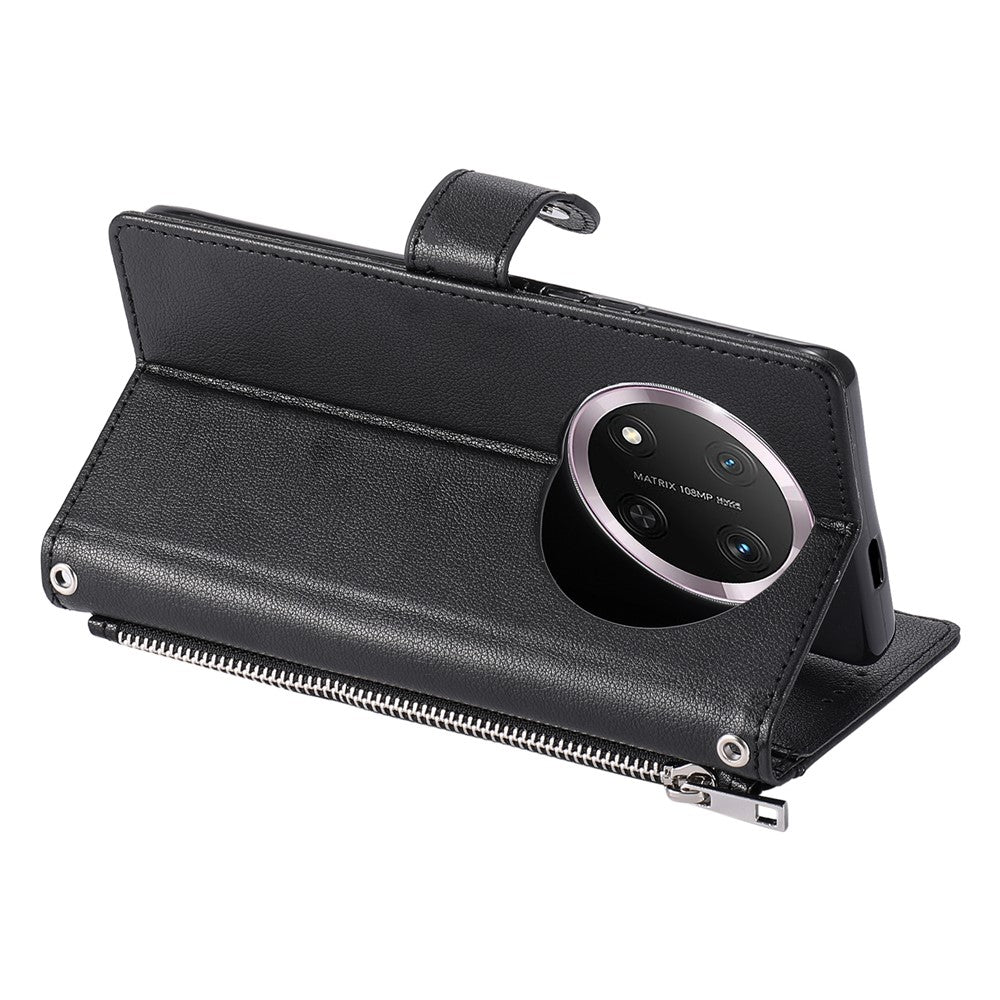 Wallet Case for Honor X60 Pro 5G  /  X9c 5G  /  Magic7 Lite 5G Litchi Texture Zipper Pocket Stand Leather Flip Phone Cover with Wrist Strap