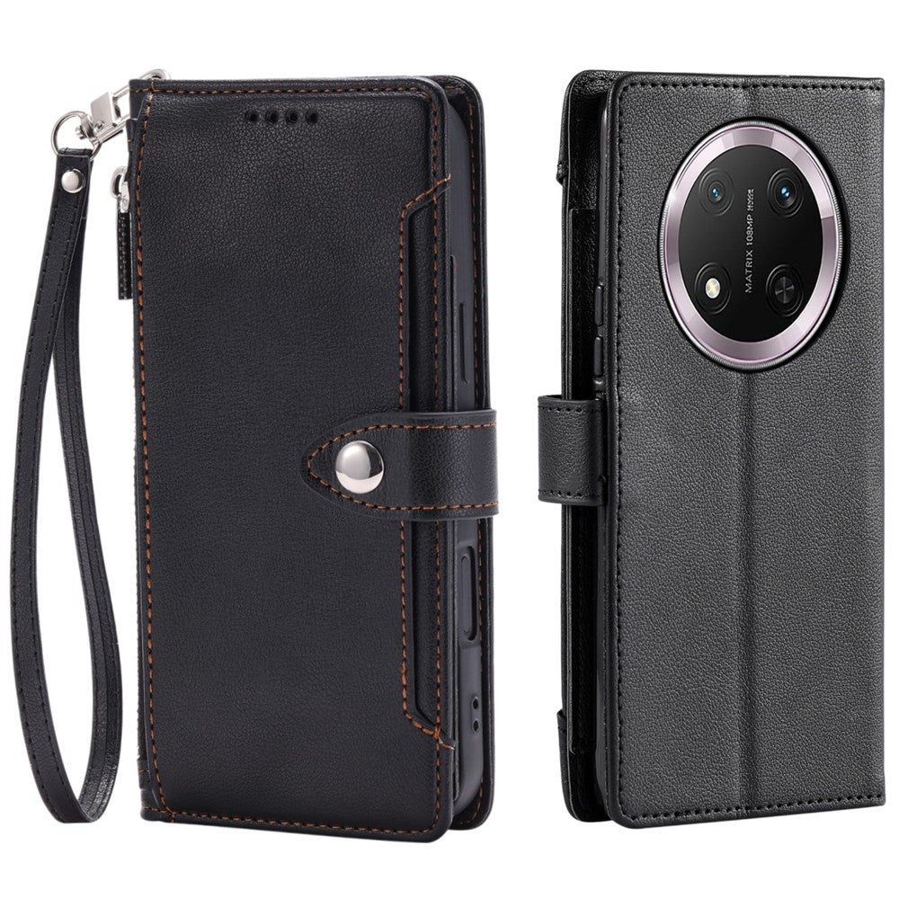 Wallet Case for Honor X60 Pro 5G  /  X9c 5G  /  Magic7 Lite 5G Litchi Texture Zipper Pocket Stand Leather Flip Phone Cover with Wrist Strap
