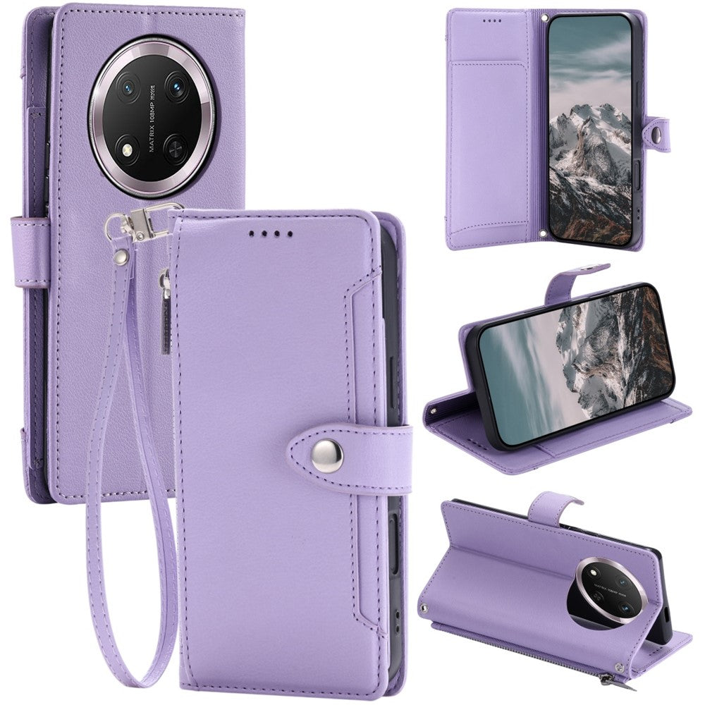 Wallet Case for Honor X60 Pro 5G  /  X9c 5G  /  Magic7 Lite 5G Litchi Texture Zipper Pocket Stand Leather Flip Phone Cover with Wrist Strap
