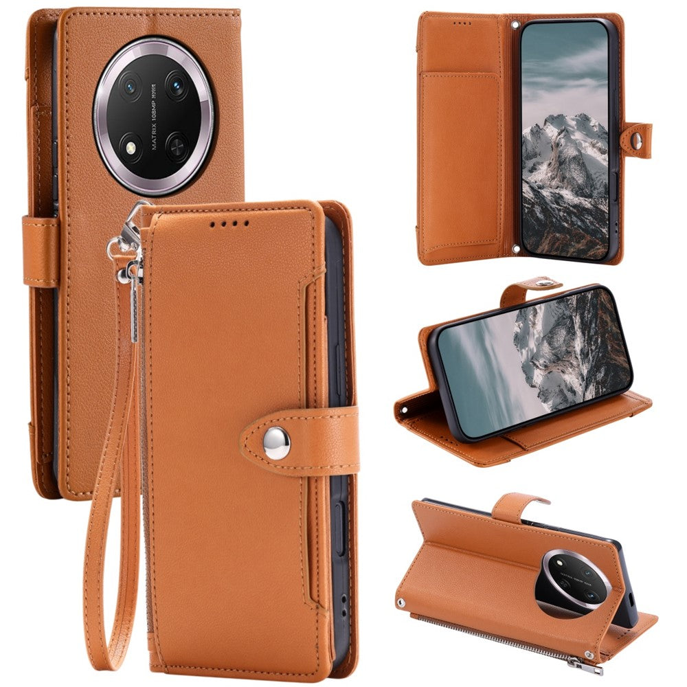 Wallet Case for Honor X60 Pro 5G  /  X9c 5G  /  Magic7 Lite 5G Litchi Texture Zipper Pocket Stand Leather Flip Phone Cover with Wrist Strap