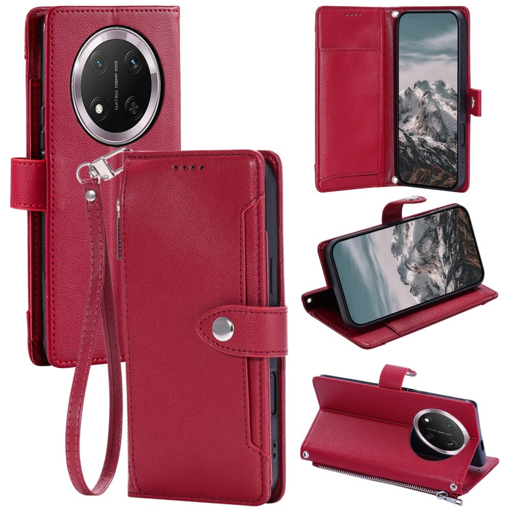 Wallet Case for Honor X60 Pro 5G  /  X9c 5G  /  Magic7 Lite 5G Litchi Texture Zipper Pocket Stand Leather Flip Phone Cover with Wrist Strap