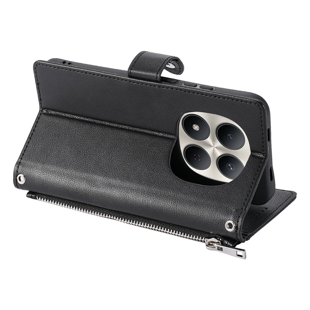 Wallet Case for Xiaomi Redmi Note 15 Pro 5G (Global) Litchi Texture Zipper Pocket Stand Leather Flip Phone Cover with Wrist Strap