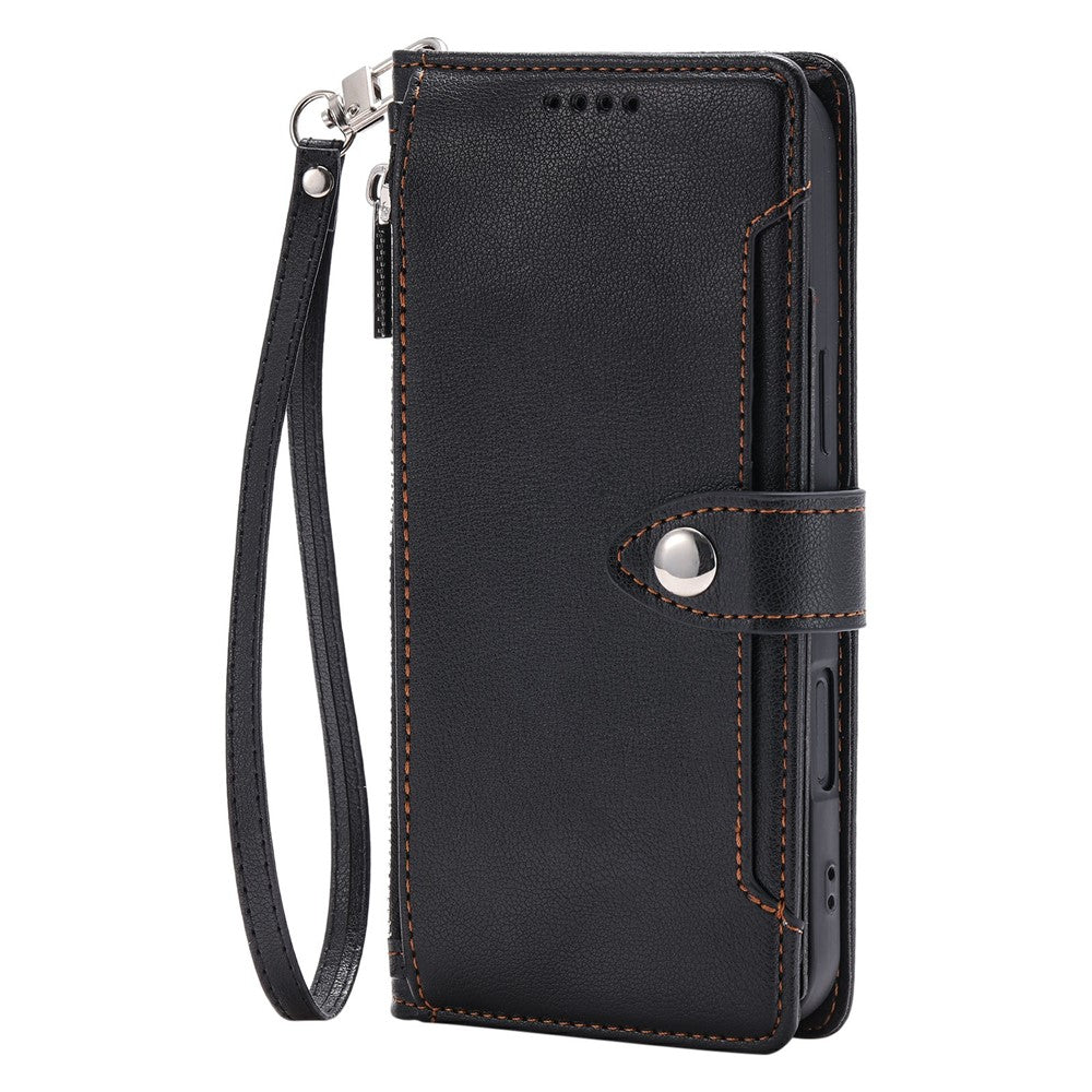 Wallet Case for Xiaomi Redmi Note 15 Pro 5G (Global) Litchi Texture Zipper Pocket Stand Leather Flip Phone Cover with Wrist Strap