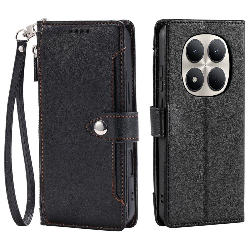 Wallet Case for Xiaomi Redmi Note 15 5G (Global)  /  15 4G (Global)  /  Poco M8 5G Litchi Texture Zipper Pocket Stand Leather Flip Phone Cover with Wrist Strap