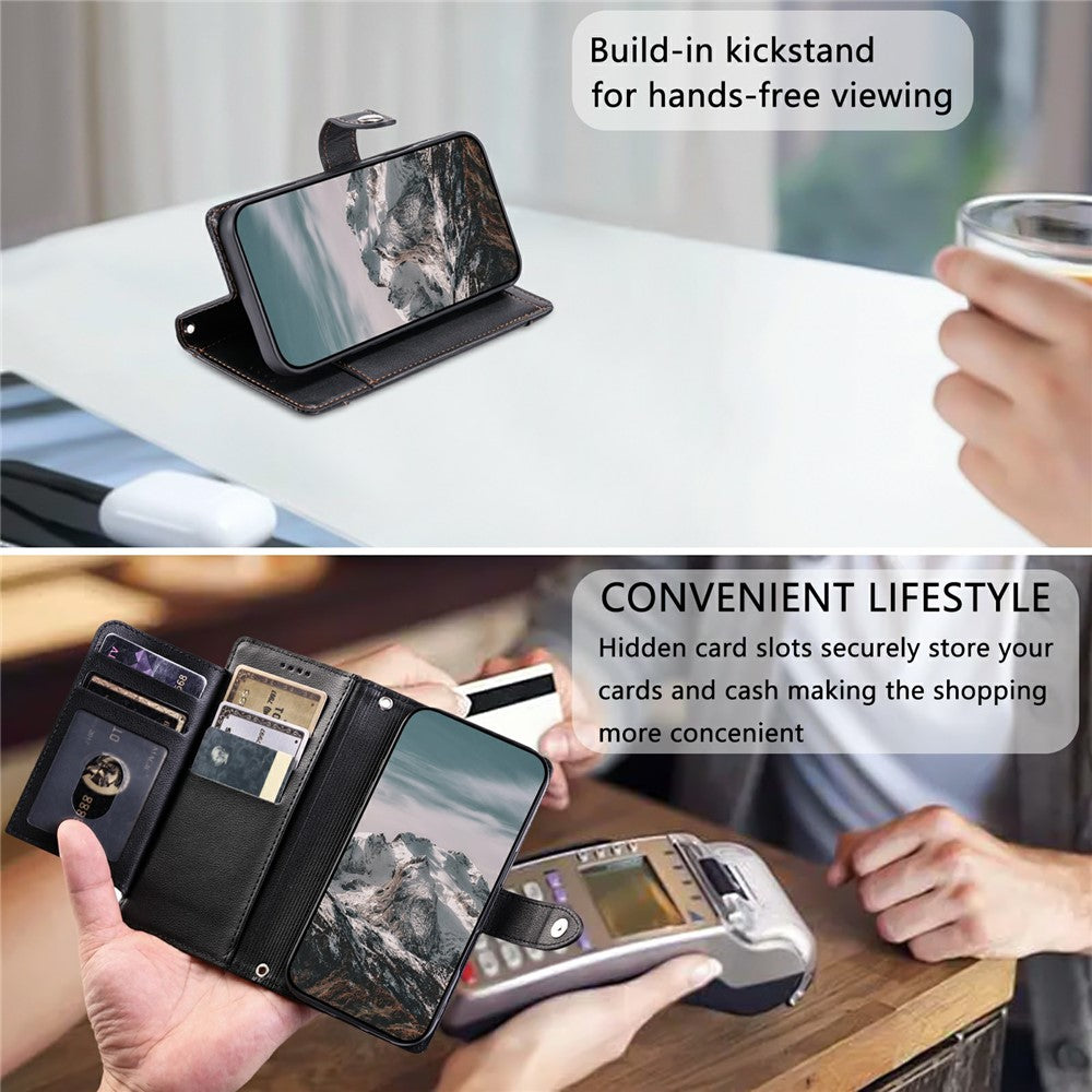 Wallet Case for Xiaomi Redmi Note 15 5G (Global)  /  15 4G (Global)  /  Poco M8 5G Litchi Texture Zipper Pocket Stand Leather Flip Phone Cover with Wrist Strap