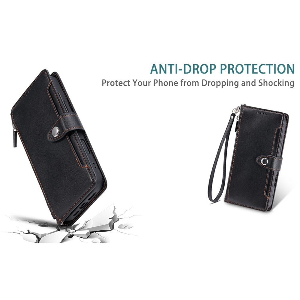 Wallet Case for Xiaomi Redmi Note 15 5G (Global)  /  15 4G (Global)  /  Poco M8 5G Litchi Texture Zipper Pocket Stand Leather Flip Phone Cover with Wrist Strap