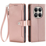 Wallet Case for Xiaomi Redmi Note 14 Pro 5G  /  14 Pro+ 5G  /  Poco X7 5G Litchi Texture Zipper Pocket Stand Leather Flip Phone Cover with Wrist Strap