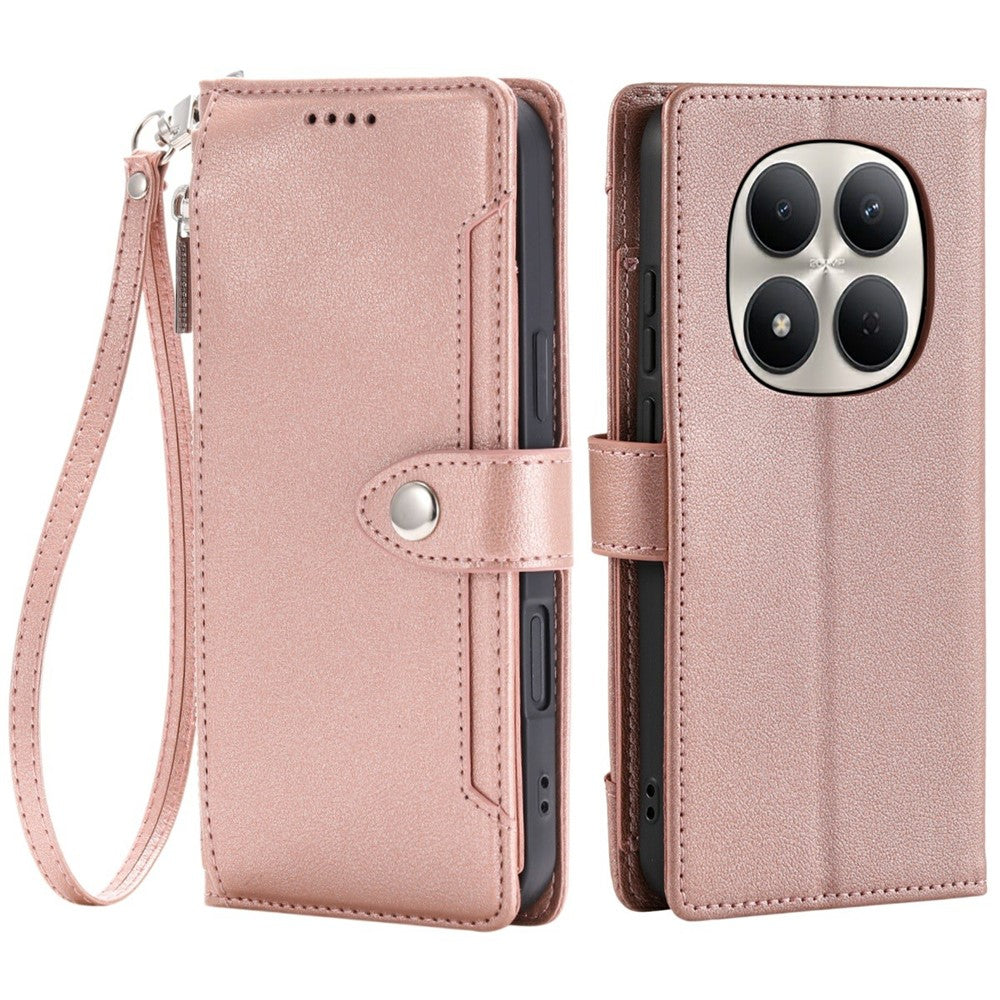 Wallet Case for Xiaomi Redmi Note 14 Pro 5G  /  14 Pro+ 5G  /  Poco X7 5G Litchi Texture Zipper Pocket Stand Leather Flip Phone Cover with Wrist Strap