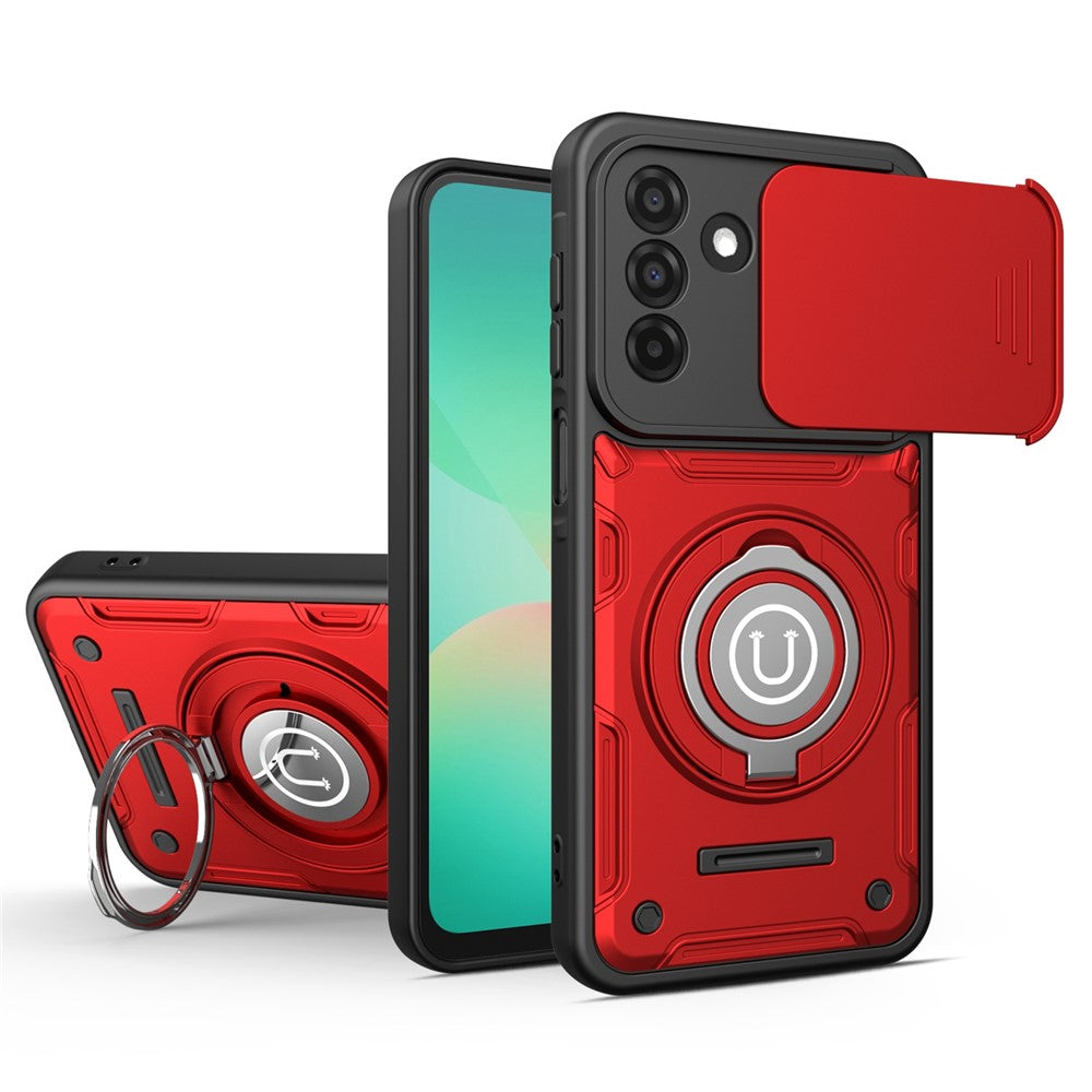 Telefoncover til Samsung Galaxy A16 4G / A16 5G / M16 5G / F16 5G Ring Kickstand PC + TPU Shell med skydende kameralåg