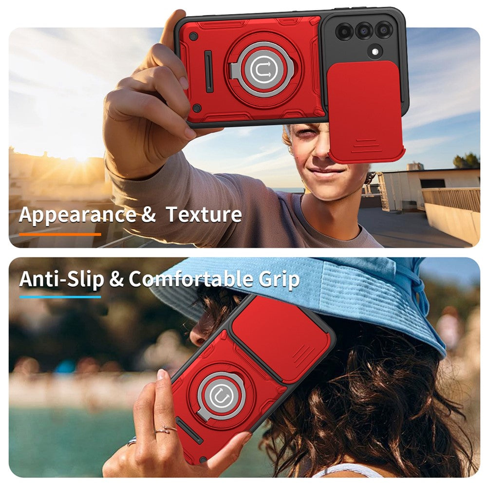 Telefoncover til Samsung Galaxy A16 4G / A16 5G / M16 5G / F16 5G Ring Kickstand PC + TPU Shell med skydende kameralåg