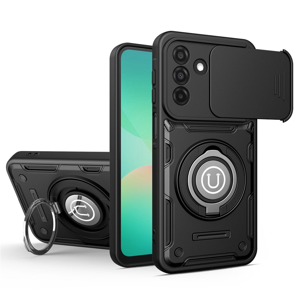 Telefoncover til Samsung Galaxy A16 4G / A16 5G / M16 5G / F16 5G Ring Kickstand PC + TPU Shell med skydende kameralåg