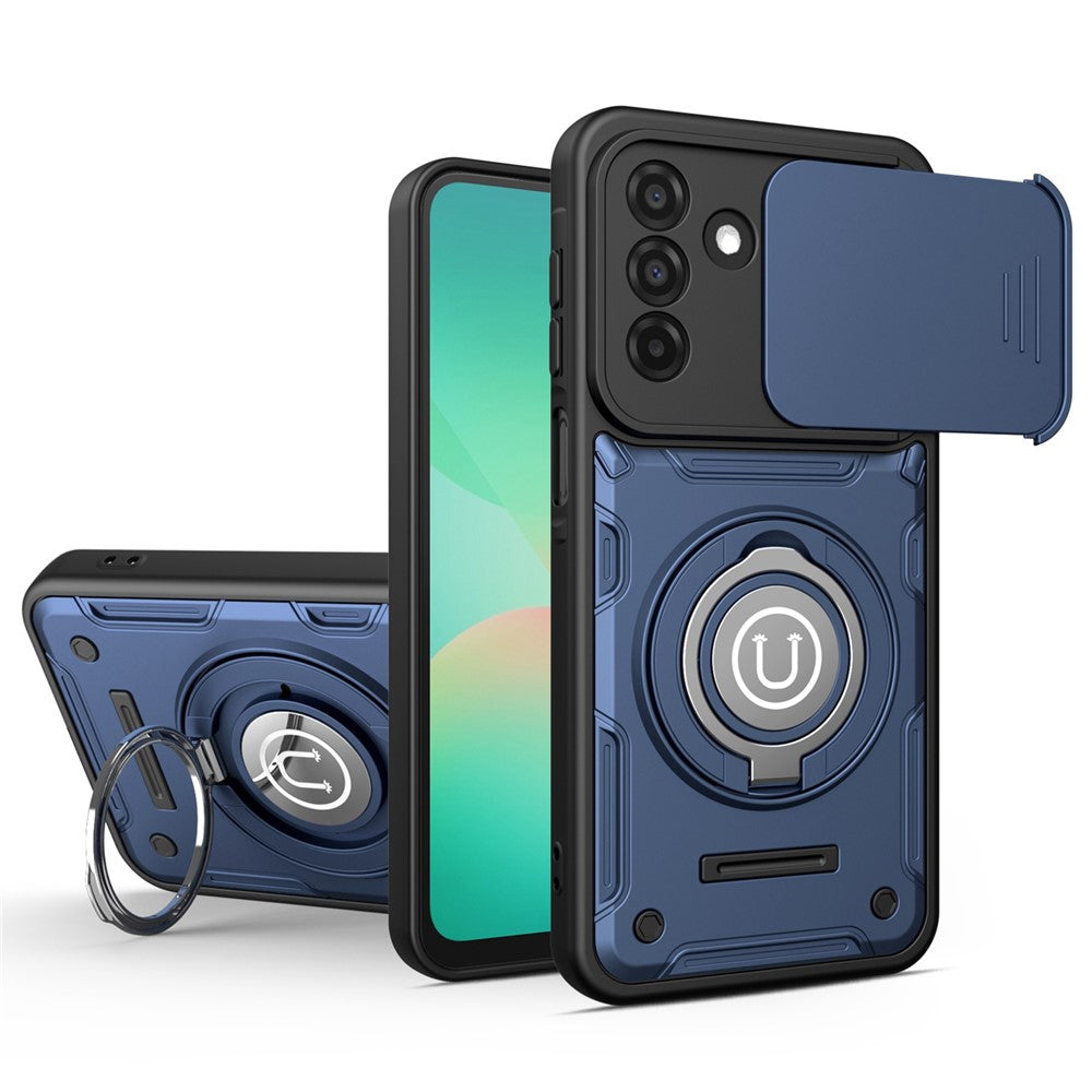 Telefoncover til Samsung Galaxy A16 4G / A16 5G / M16 5G / F16 5G Ring Kickstand PC + TPU Shell med skydende kameralåg
