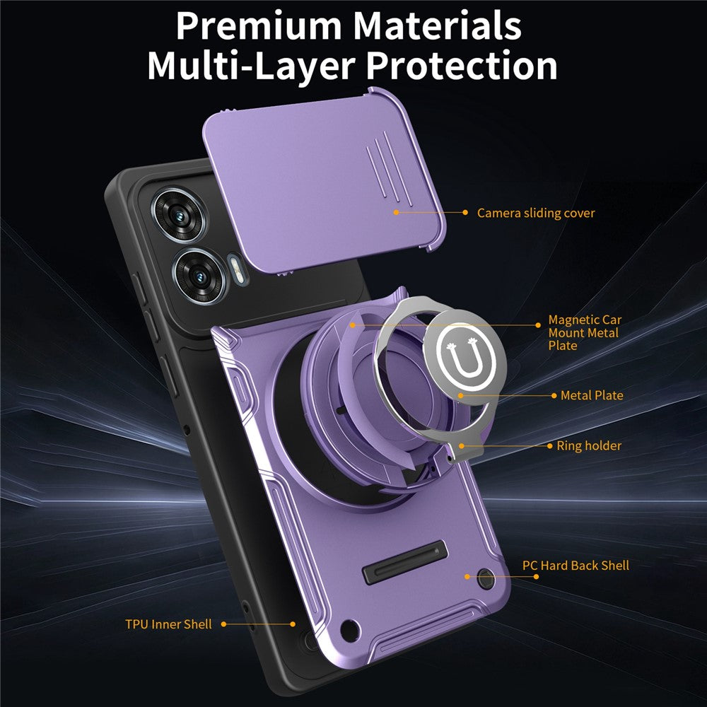 Phone Case For Motorola Moto G85 5G / G96 5G / S50 Neo 5G Ring Kickstand PC + TPU Shell with Slide Camera Cover