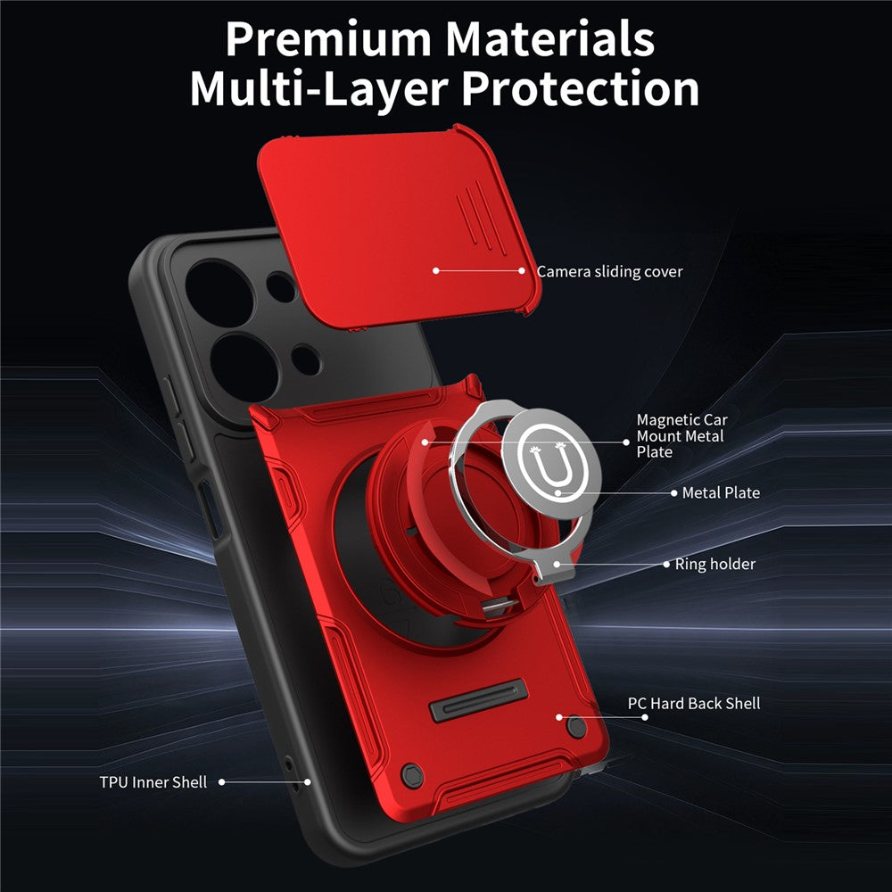 For Xiaomi Redmi 15C 4G (Global) (171mm) / Poco C85 4G (171mm) Case with Slide Camera Cover Ring Kickstand PC + TPU Phone Shell