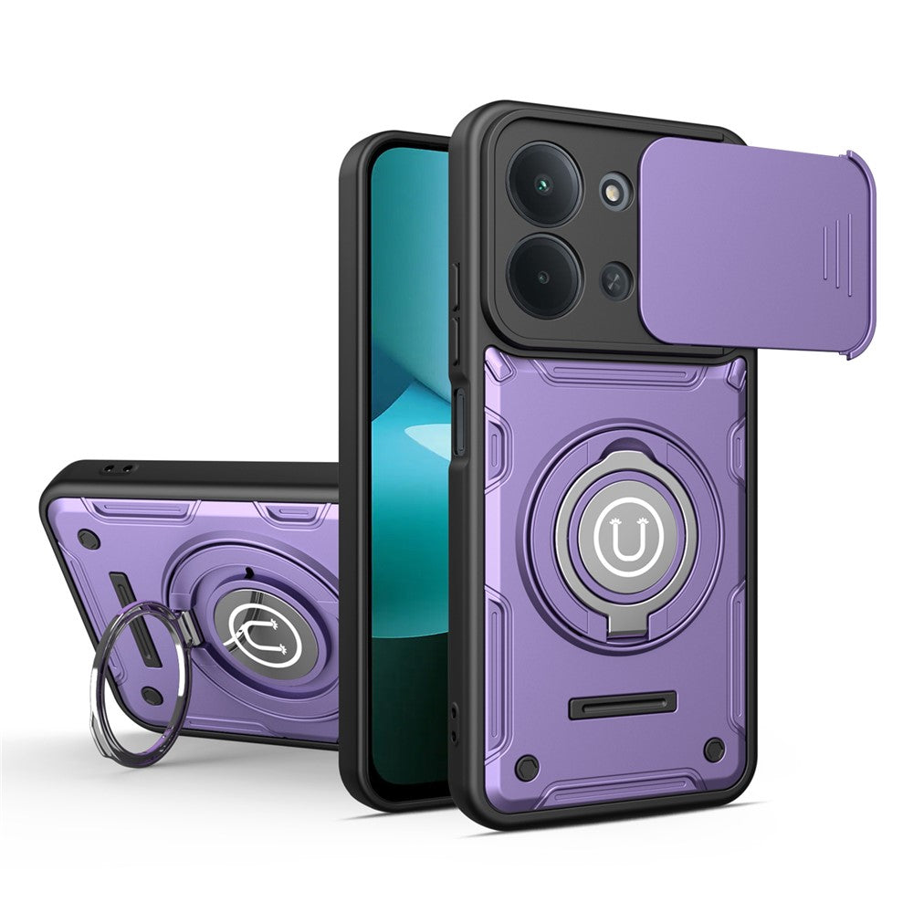 For Xiaomi Redmi 15C 4G (Global) (171mm) / Poco C85 4G (171mm) Case with Slide Camera Cover Ring Kickstand PC + TPU Phone Shell