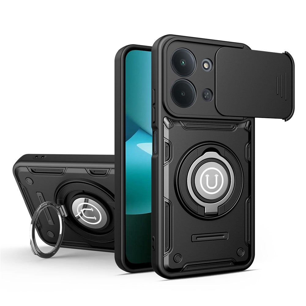 For Xiaomi Redmi 15C 4G (Global) (171mm) / Poco C85 4G (171mm) Case with Slide Camera Cover Ring Kickstand PC + TPU Phone Shell