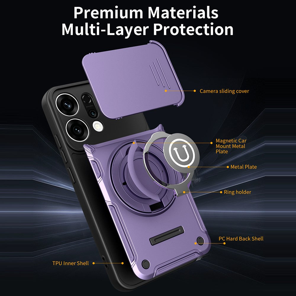 For Oppo Reno14 Pro 5G (Global) Case with Slide Camera Cover Ring Kickstand PC + TPU Phone Shell