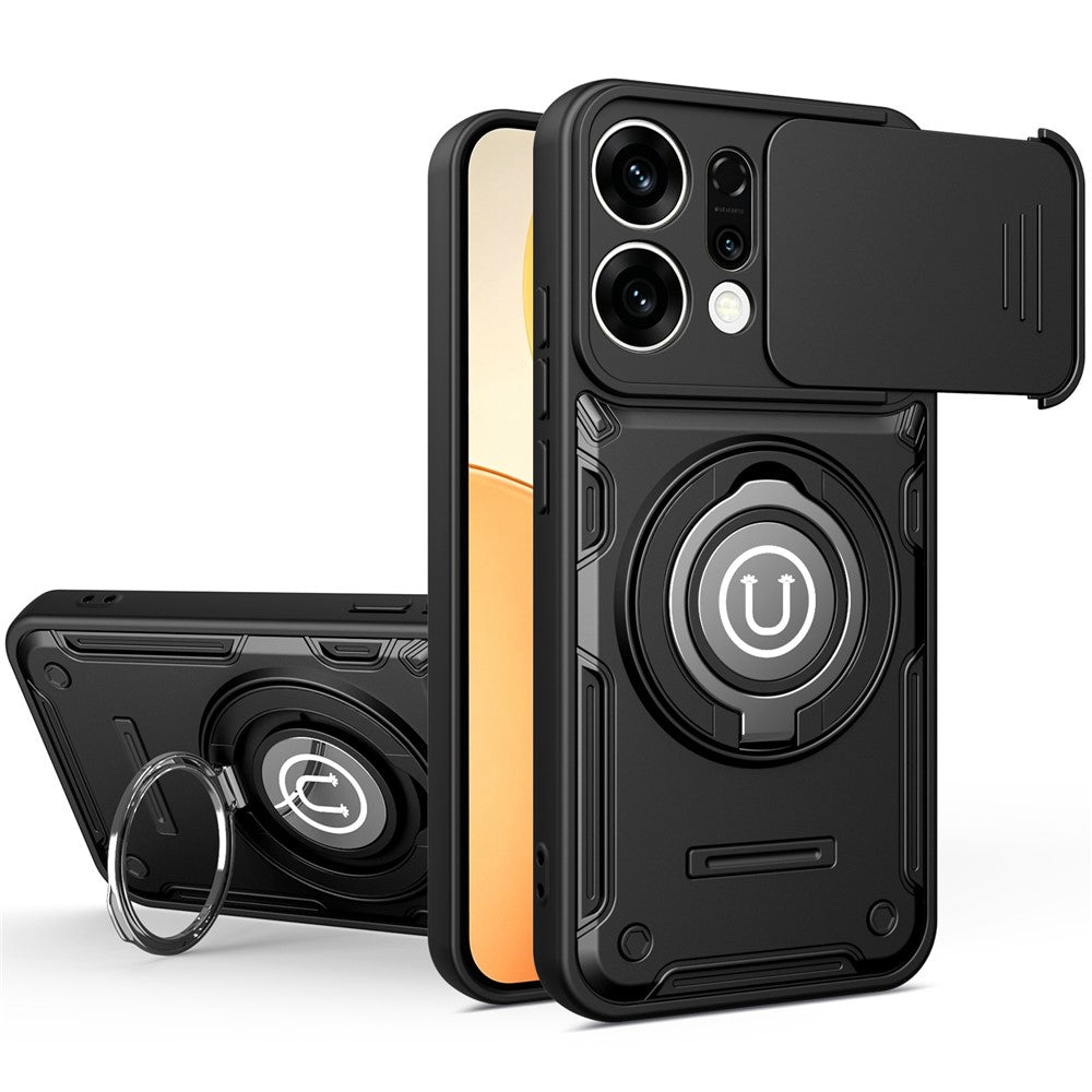 For Oppo Reno14 Pro 5G (Global) Case with Slide Camera Cover Ring Kickstand PC + TPU Phone Shell