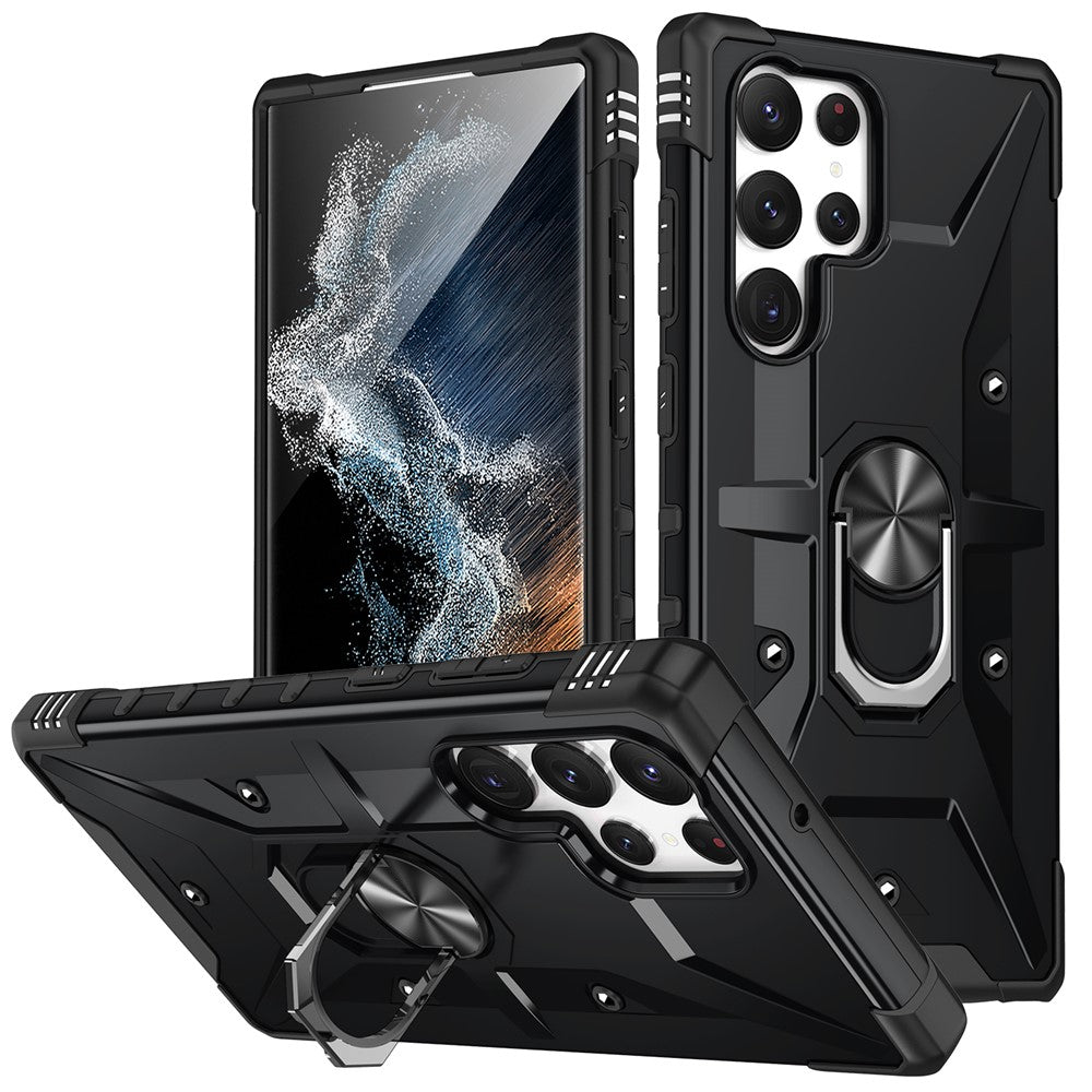 For Samsung Galaxy S23 Ultra Ring Car Mount Kickstand Phone Case Collision Resistant Hard PC Soft TPU Hybrid Military-Grade Shockproof Cover