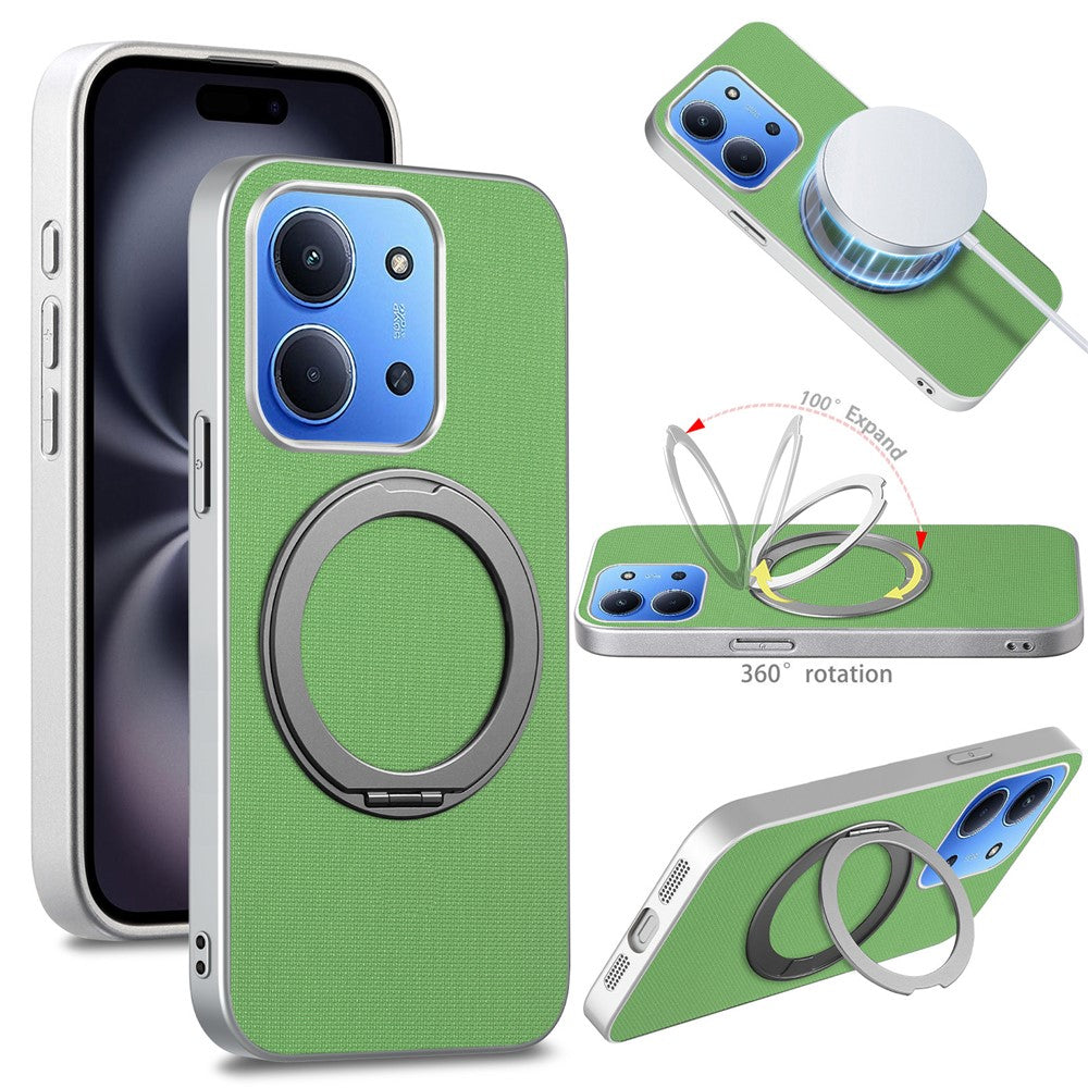 For Xiaomi Redmi 15C 4G (EU) (173mm)  /  15C 5G (EU) (173mm) Magnetic Case Ring Kickstand Fine Grid Texture Leather + PC + TPU Phone Cover