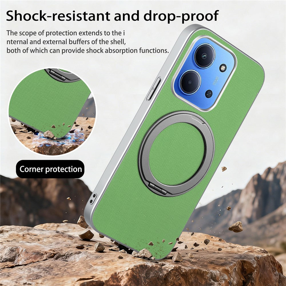 For Xiaomi Redmi 15C 4G (EU) (173mm)  /  15C 5G (EU) (173mm) Magnetic Case Ring Kickstand Fine Grid Texture Leather + PC + TPU Phone Cover