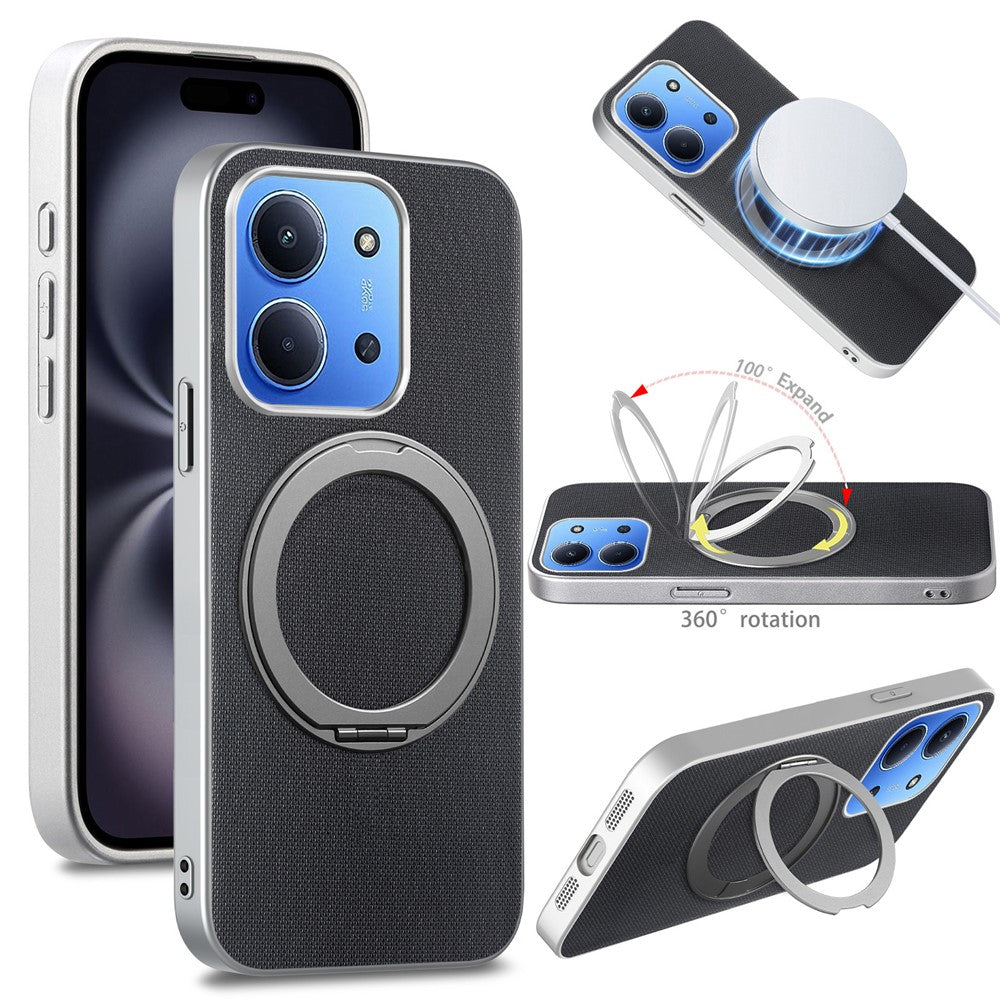 For Xiaomi Redmi 15C 4G (EU) (173mm)  /  15C 5G (EU) (173mm) Magnetic Case Ring Kickstand Fine Grid Texture Leather + PC + TPU Phone Cover