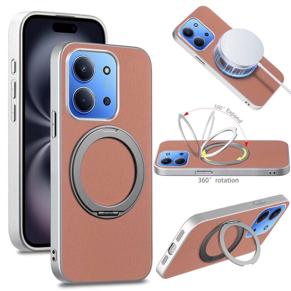 For Xiaomi Redmi 15C 4G (EU) (173mm)  /  15C 5G (EU) (173mm) Magnetic Case Ring Kickstand Fine Grid Texture Leather + PC + TPU Phone Cover