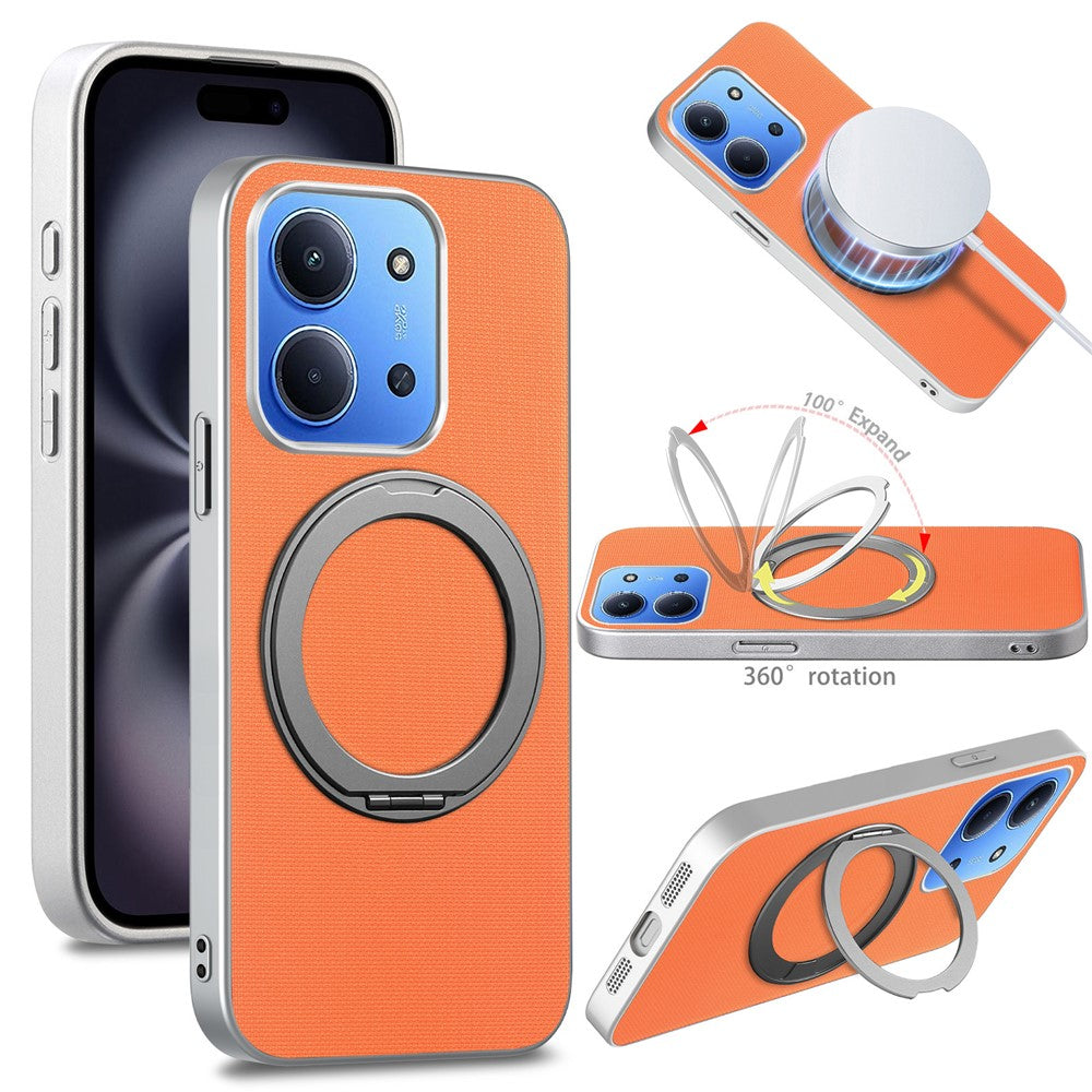 For Xiaomi Redmi 15C 4G (EU) (173mm)  /  15C 5G (EU) (173mm) Magnetic Case Ring Kickstand Fine Grid Texture Leather + PC + TPU Phone Cover