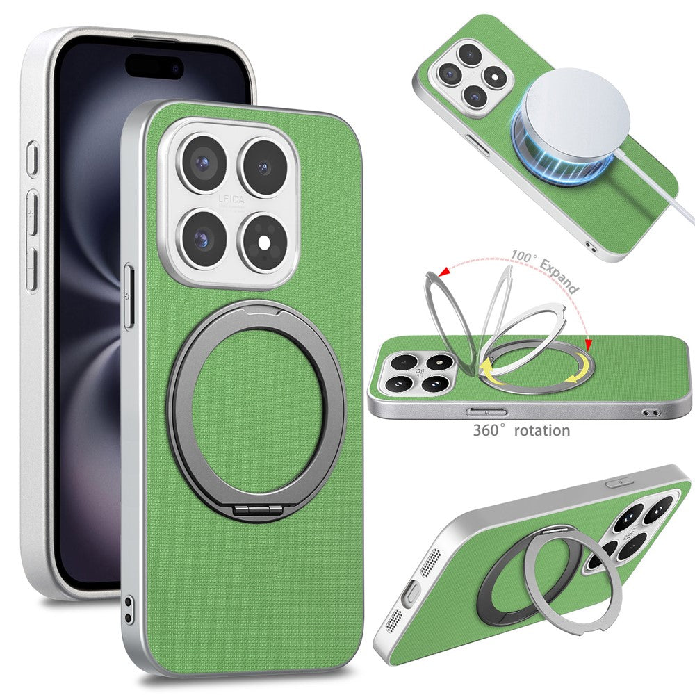 For Xiaomi 17 Magnetic Case Ring Kickstand Fine Grid Texture Leather + PC + TPU Phone Cover