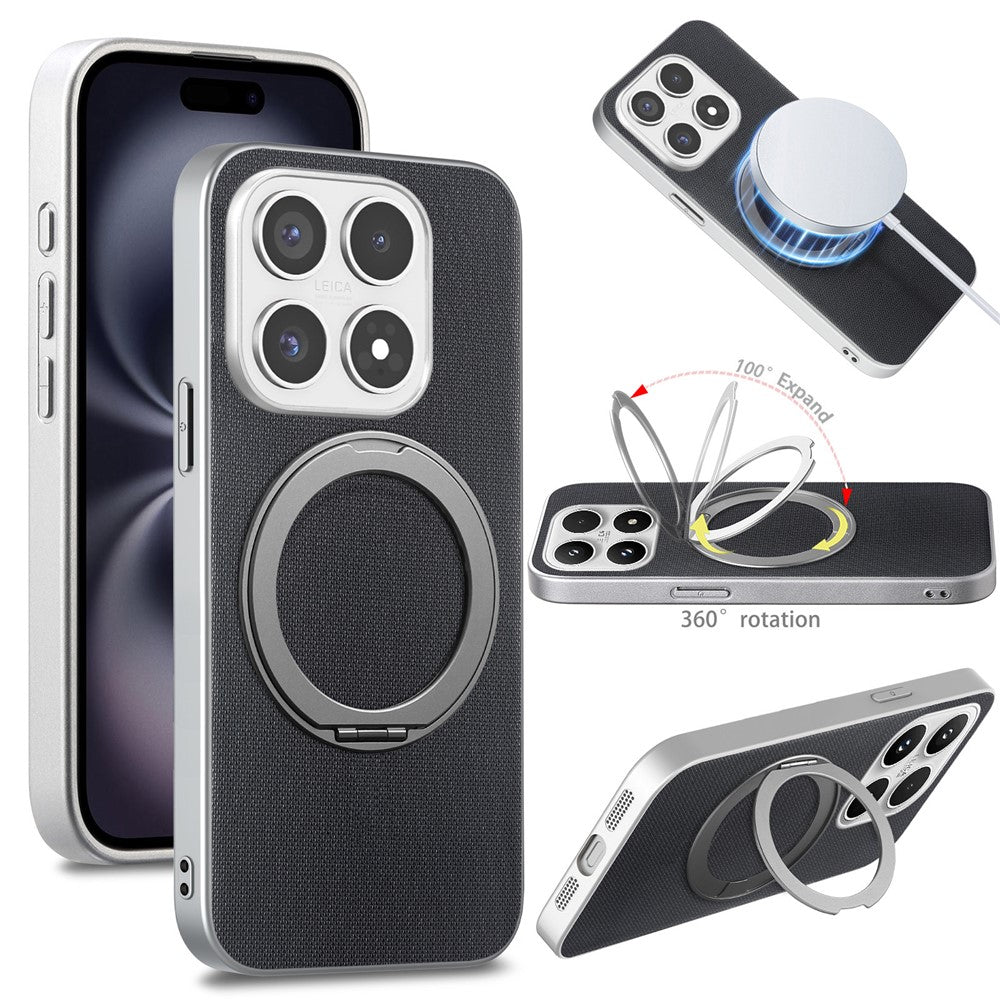 Magnetiskt skal för Xiaomi 17, ringstativ, fint rutmönster, läder + PC + TPU, mobilskal