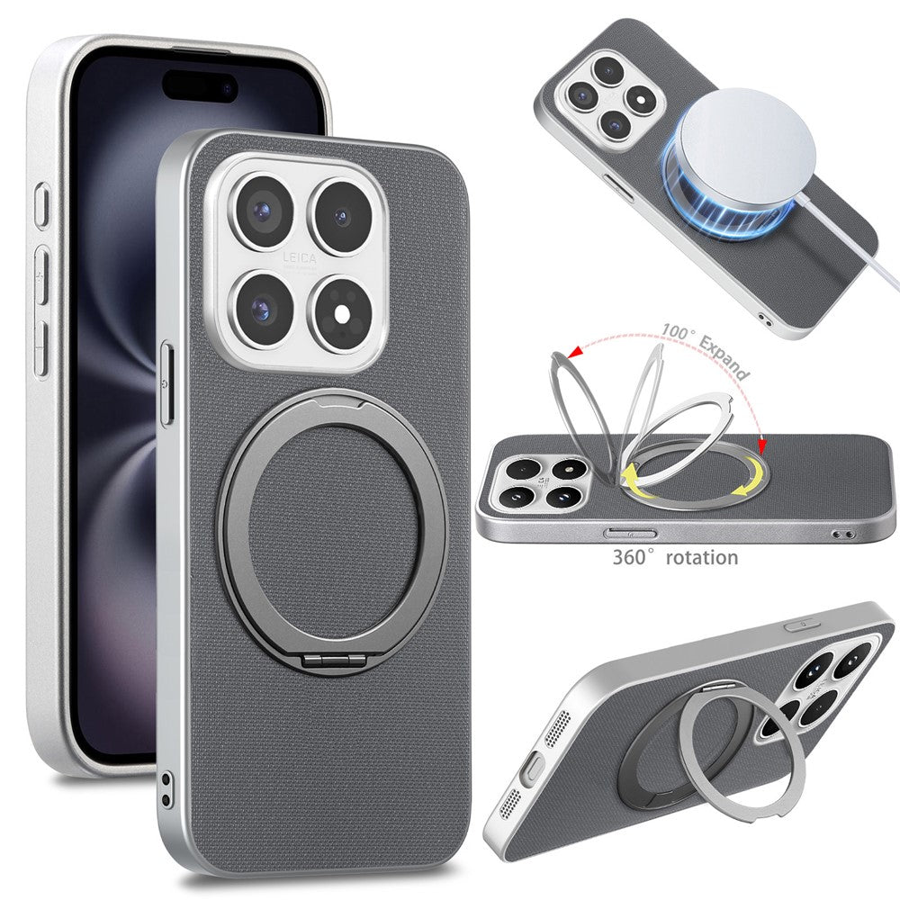For Xiaomi 17 Magnetic Case Ring Kickstand Fine Grid Texture Leather + PC + TPU Phone Cover