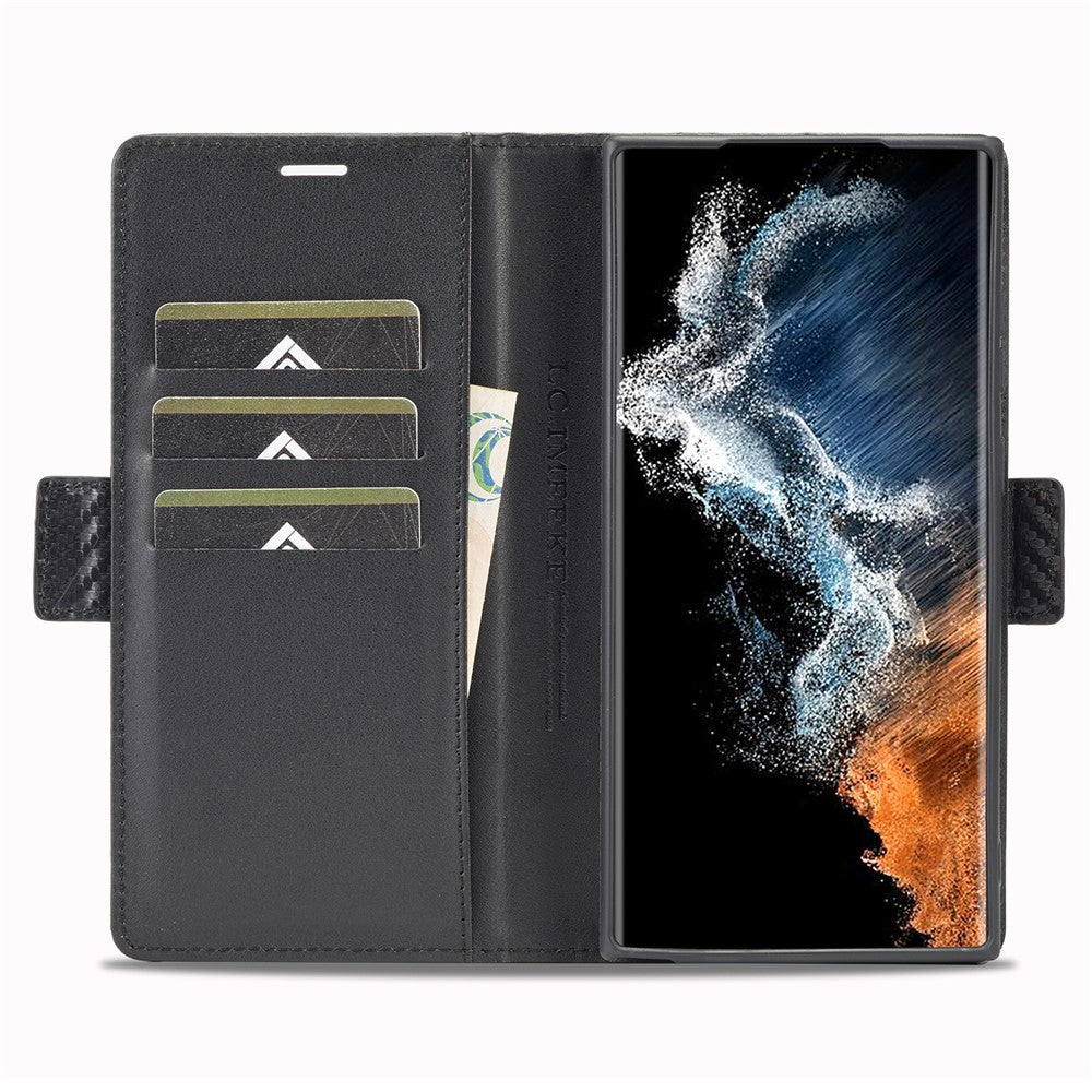 LC.IMEEKE for Samsung Galaxy S23 Ultra Carbon Fiber Texture Phone Wallet Case PU Leather Shockproof Stand Phone Cover