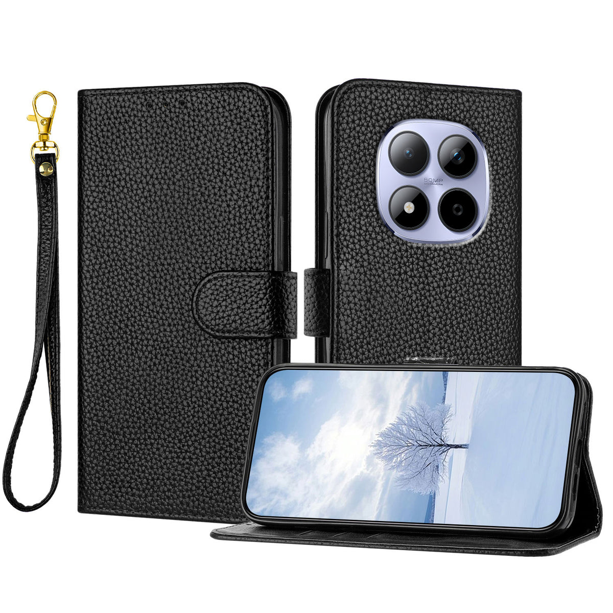 For Xiaomi Redmi Note 15 Pro 4G (Global) Leather Case Litchi Texture Wallet Stand Anti Drop Phone Cover with Wrist Strap