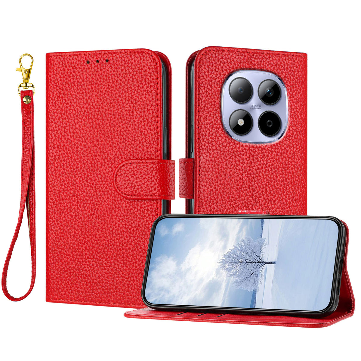 For Xiaomi Redmi Note 15 Pro 4G (Global) Leather Case Litchi Texture Wallet Stand Anti Drop Phone Cover with Wrist Strap