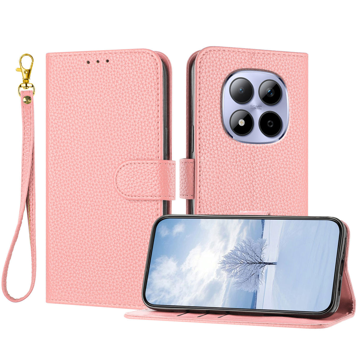 For Xiaomi Redmi Note 15 Pro 4G (Global) Leather Case Litchi Texture Wallet Stand Anti Drop Phone Cover with Wrist Strap