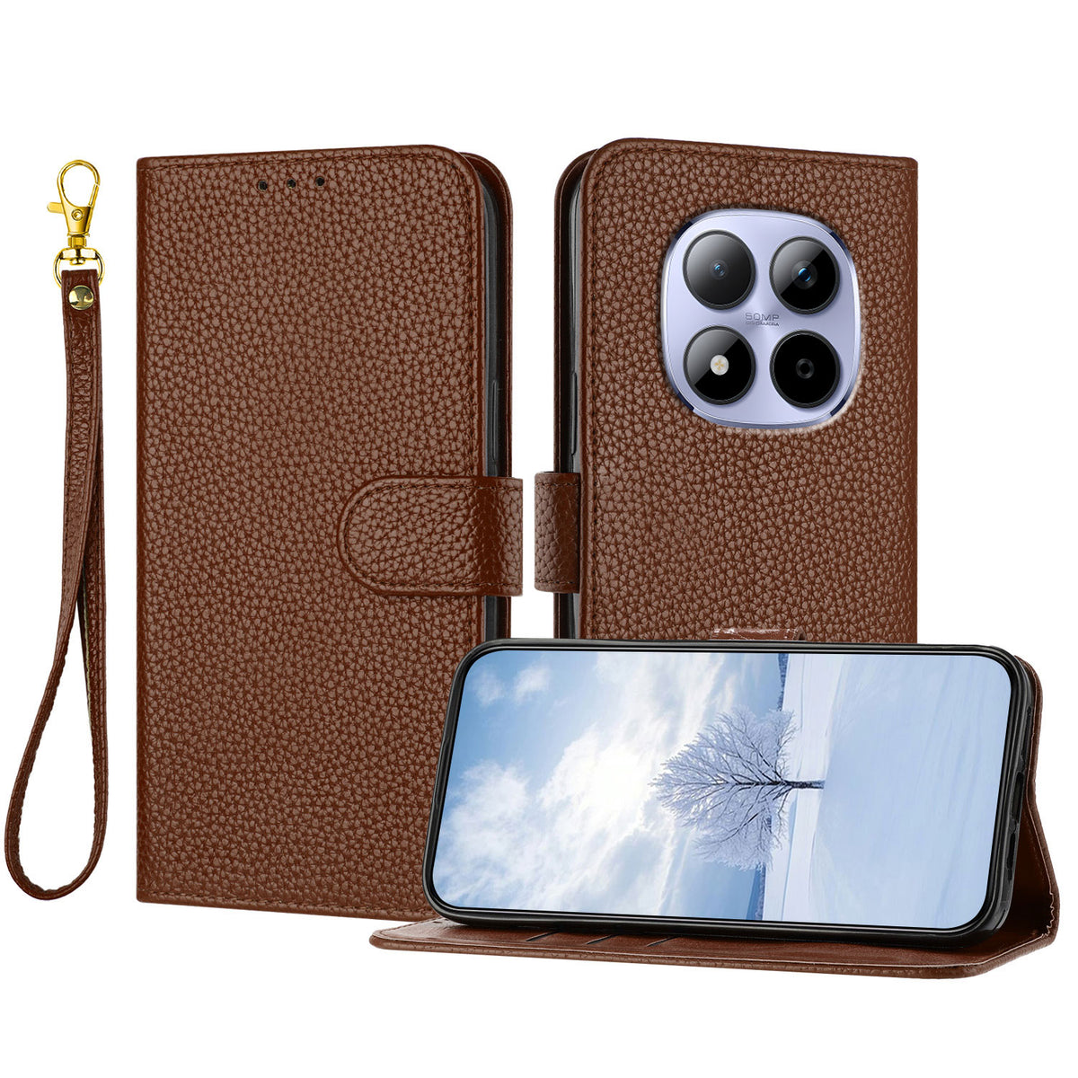 For Xiaomi Redmi Note 15 Pro 4G (Global) Leather Case Litchi Texture Wallet Stand Anti Drop Phone Cover with Wrist Strap