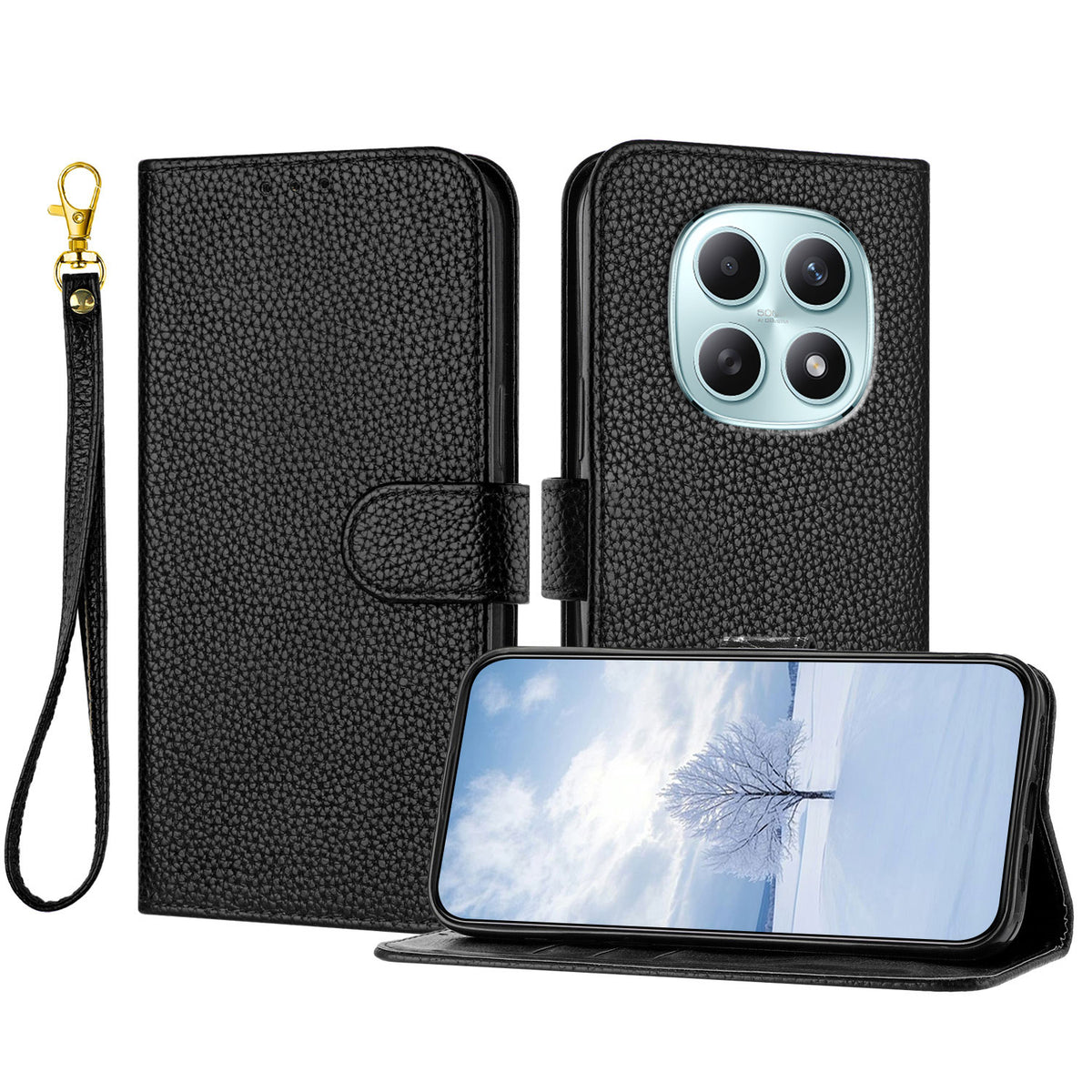 Læderetui til Xiaomi Poco M8 5G / Xiaomi Redmi Note 15 4G (Global) / Xiaomi Redmi Note 15 5G (Global), pung-etui med litchistruktur, stativ, stødsikring og håndledsrem