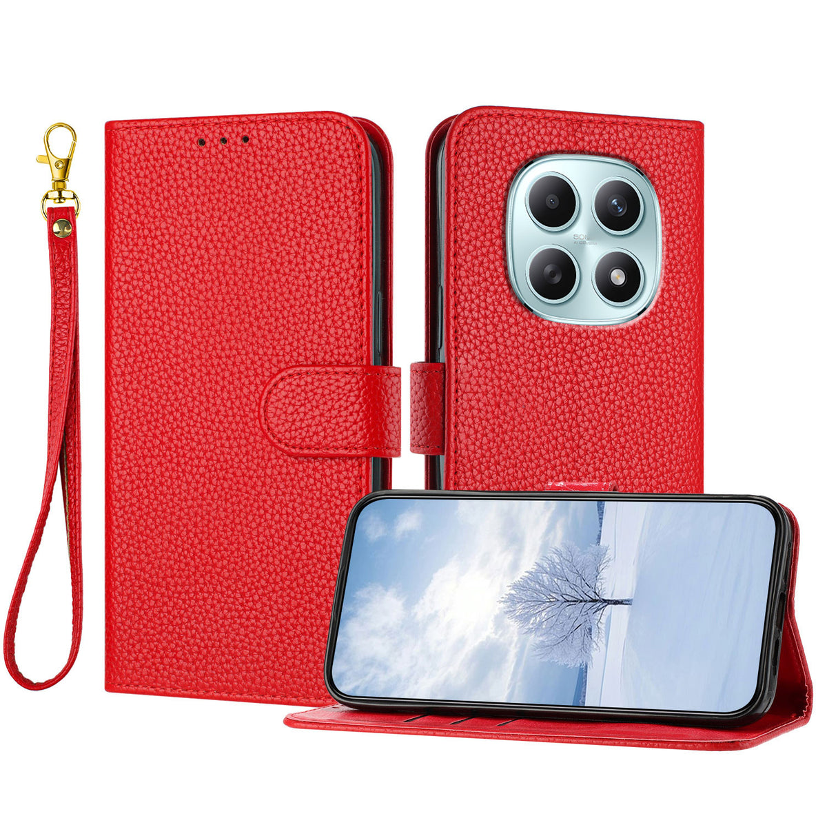 Læderetui til Xiaomi Poco M8 5G / Xiaomi Redmi Note 15 4G (Global) / Xiaomi Redmi Note 15 5G (Global), pung-etui med litchistruktur, stativ, stødsikring og håndledsrem