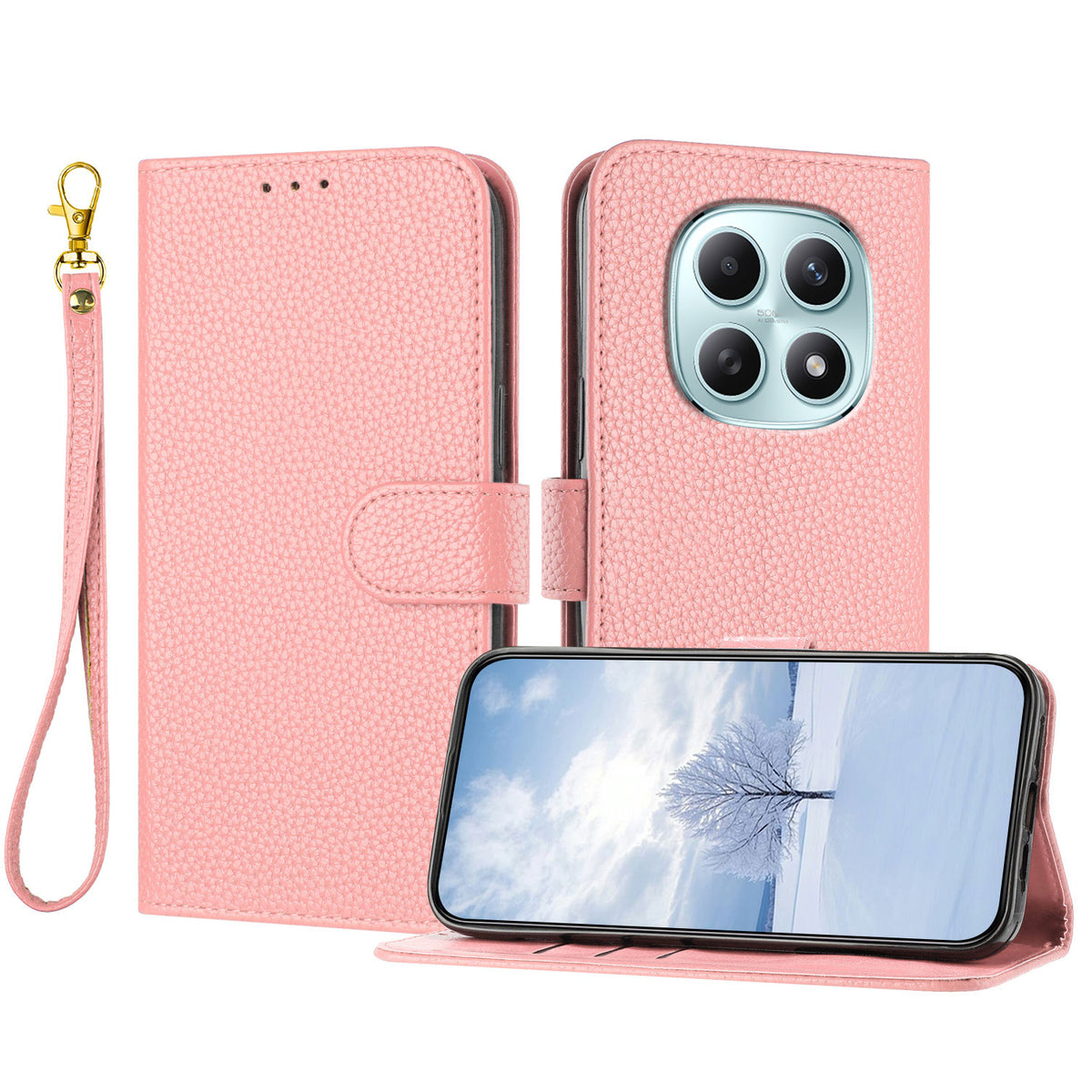 Læderetui til Xiaomi Poco M8 5G / Xiaomi Redmi Note 15 4G (Global) / Xiaomi Redmi Note 15 5G (Global), pung-etui med litchistruktur, stativ, stødsikring og håndledsrem