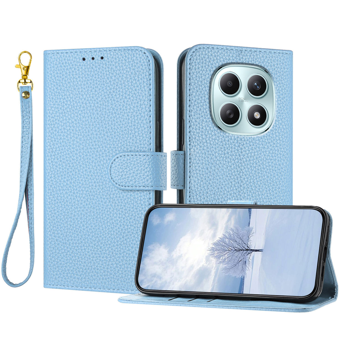 Læderetui til Xiaomi Poco M8 5G / Xiaomi Redmi Note 15 4G (Global) / Xiaomi Redmi Note 15 5G (Global), pung-etui med litchistruktur, stativ, stødsikring og håndledsrem