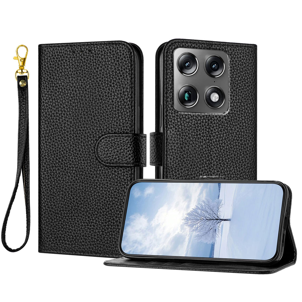 Motorola Edge 70 Ultra 5G / Motorola Moto X70 Air Pro 5G / Motorola Signature 5G-læderetui med litchitekstur, tegnebogsetui med stativ, faldsikring og håndledsrem