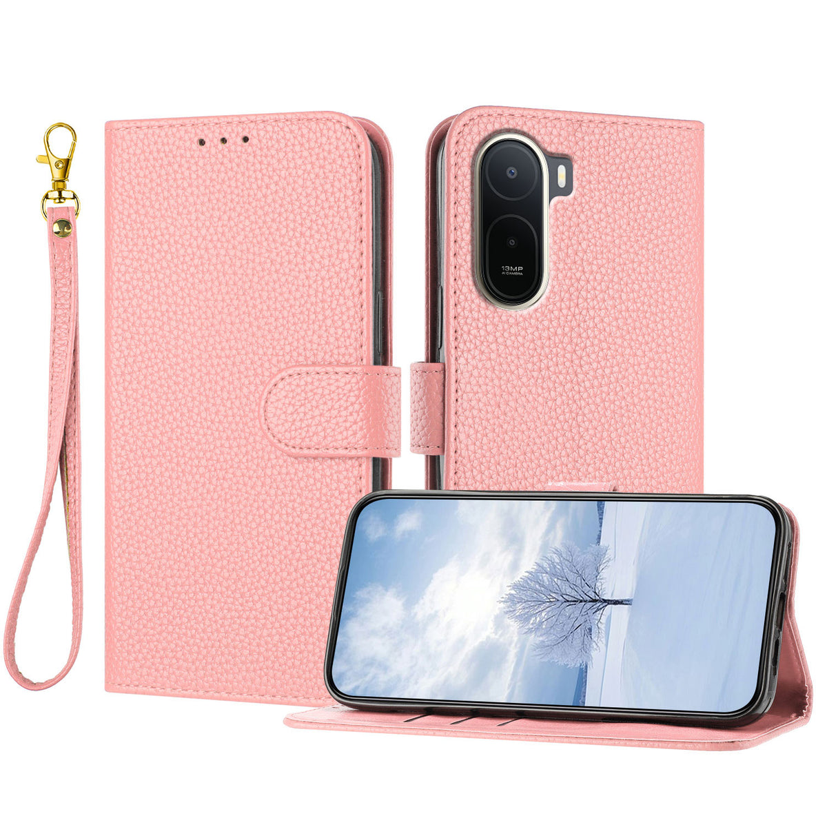 For Xiaomi Redmi A7 Pro 4G (171.56mm) / Poco C85x 5G Leather Case Litchi Texture Wallet Stand Anti Drop Phone Cover with Wrist Strap