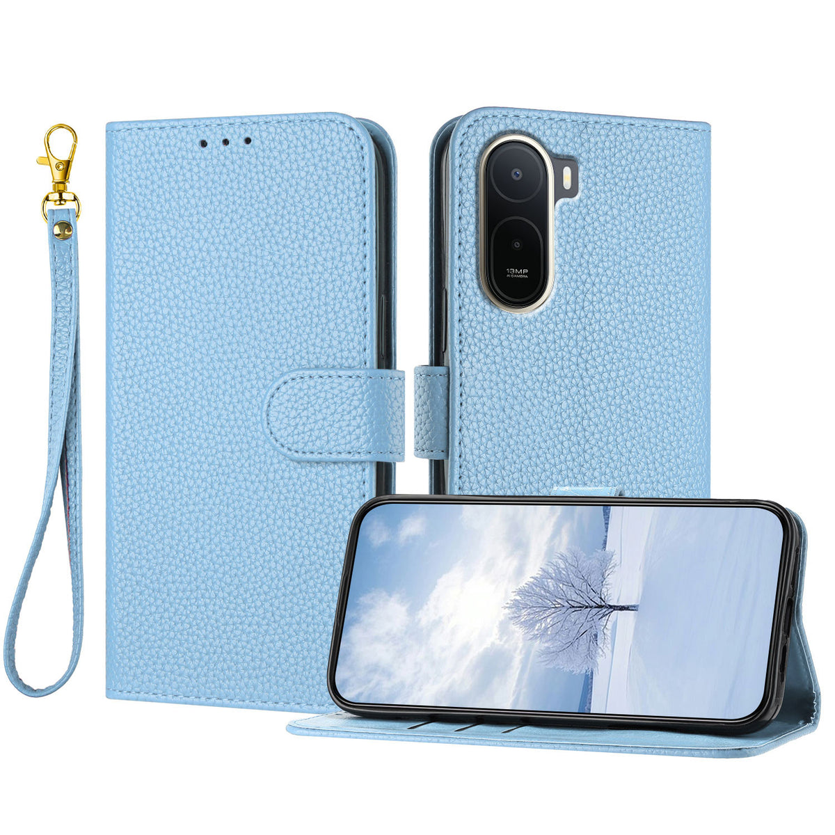 For Xiaomi Redmi A7 Pro 4G (171.56mm) / Poco C85x 5G Leather Case Litchi Texture Wallet Stand Anti Drop Phone Cover with Wrist Strap