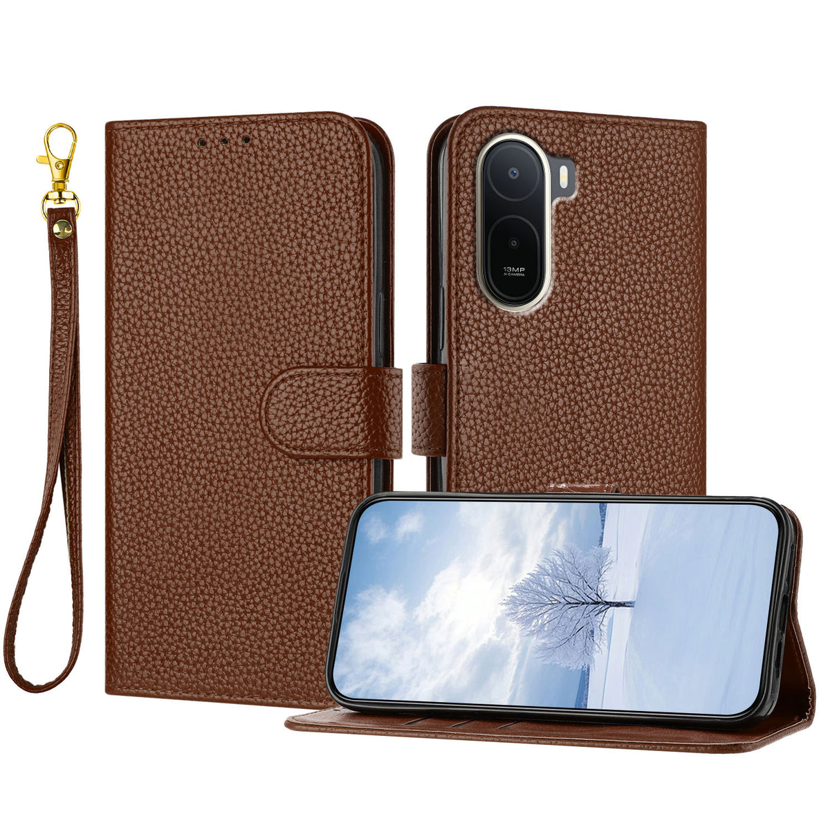 For Xiaomi Redmi A7 Pro 4G (171.56mm) / Poco C85x 5G Leather Case Litchi Texture Wallet Stand Anti Drop Phone Cover with Wrist Strap