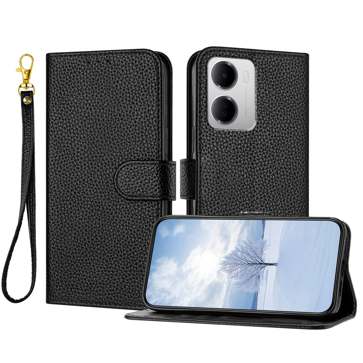 For Xiaomi Redmi 15a 5G Leather Case Litchi Texture Wallet Stand Anti Drop Phone Cover with Wrist Strap
